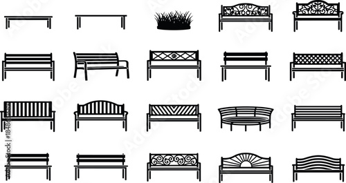 Bench silhouette icons with decorative backrests and grass patch – outdoor seating set by flavector