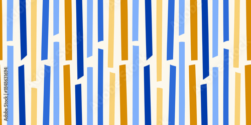 Modern vector blue, yellow, gold seamless pattern. Festive wrapping paper abstract design with stripes