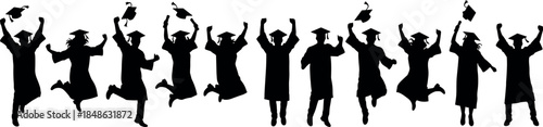 Graduation celebration group jumping in caps and gowns – flavector academic success silhouette