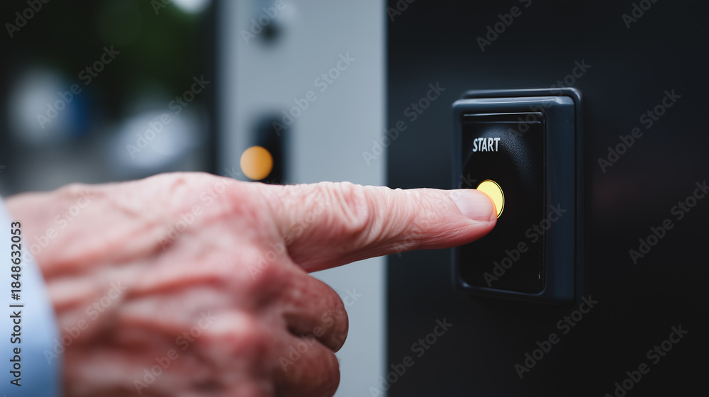 Naklejka premium Finger pressing a start button on a control panel