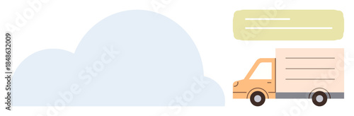 Compact delivery truck in motion alongside a large stylized cloud and text overlay. Ideal for delivery, logistics, transportation, cloud storage, connectivity, technology, communication. Simple flat