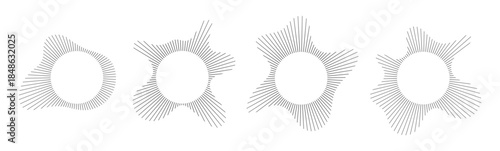 Circular sound visualization with radial wave line pattern vector set. Abstract audio spectrum ring geometric burst shape. Music equalizer graphics with concentric line elements for modern design.