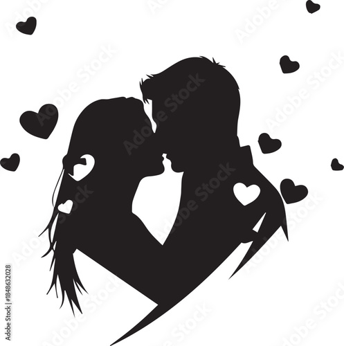 Silhouette of a couple kissing surrounded by hearts