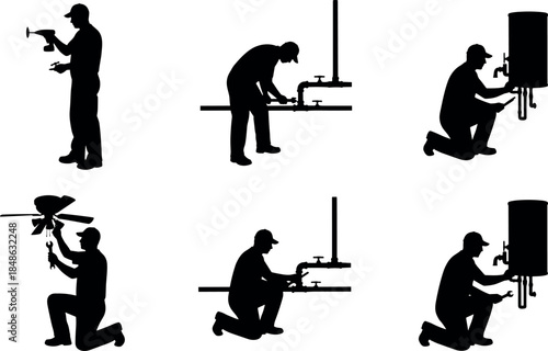 Maintenance worker silhouettes with tools and equipment – flavector industrial repair vector illustration set