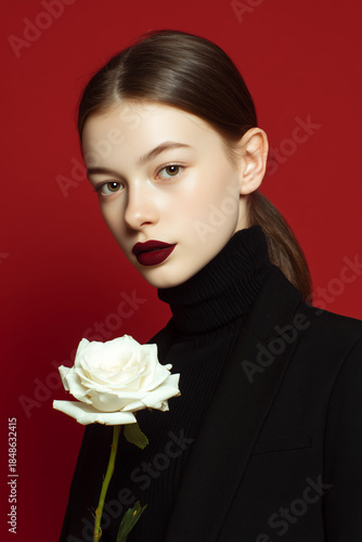 Portrait cutout studio shot of female elegant fashion model with white rose in black suit standing posing on vinous background