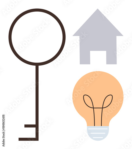 Minimalist key with house icon and light bulb symbolizing security, homeownership, innovation, real estate, creativity, problem-solving, opportunity, and inspiration. Ideal for business or