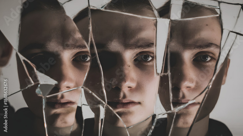 incivility. Broken mirror fragments reflecting multiple faces, symbolic of fractured trust and impossible reassembly. wellbeing guides.