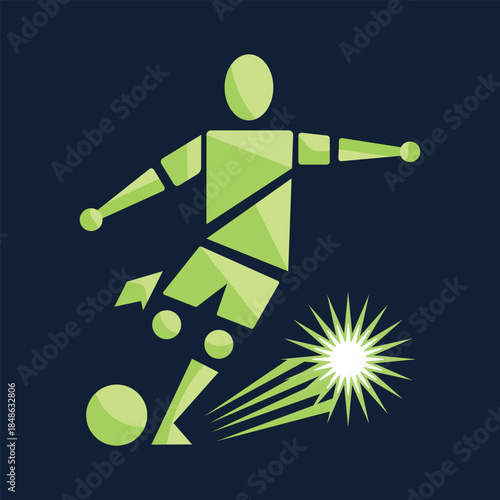 Abstract Soccer Player Kick Vector Illustration, Modern Geometric Football Action Icon on Black Background