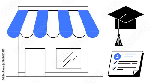 Storefront with striped awning, graduation cap, and checklist certificate. Ideal for education, certification, professional development, training, entrepreneurship small business career goals. A