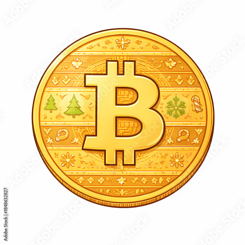 Bitcoin with festive pattern: A digital currency coin adorned with holiday themed patterns, featuring the iconic B symbol in a metallic gold hue.