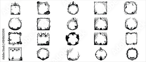 A collection of spooky Halloween-themed vector frames and decorative elements, featuring creepy silhouettes and dark ornamental designs for festive and horror projects.