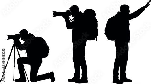 Outdoor photography and exploration silhouette icons – camera and backpack poses by flavector