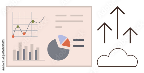 Data analytics with line graph, bar chart, pie chart for progress tracking. Growth represented by arrows above a cloud. Ideal for business, finance, analytics, strategy, progress success simple
