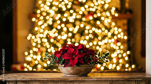 Elegant poinsettia and holly arrangement on a rustic wooden table, festive glow of a blurred Christmas tree background. For holiday marketing, greeting cards, or festive promotions.