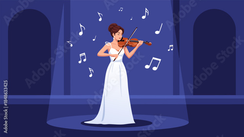 A woman in a white dress plays the violin on a stage with musical notes floating around her.