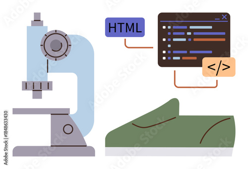 Microscope, HTML code snippet, and shoe prototype visualizing connection between science, programming, and design. Ideal for technology, innovation, product development, design coding education
