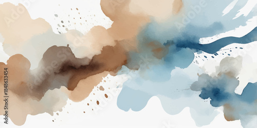 Abstract blue watercolor texture background depicting a vintage, atmospheric cloudscape of sky, light, and water