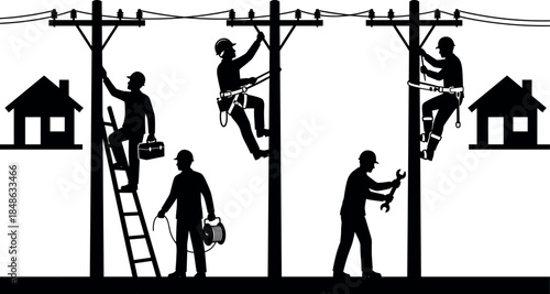 Power line maintenance silhouettes – flavector series on utility work and residential electrical service