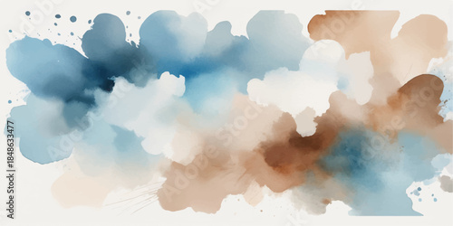 Abstract watercolor background of beautiful blue sky with fluffy white cumulus clouds