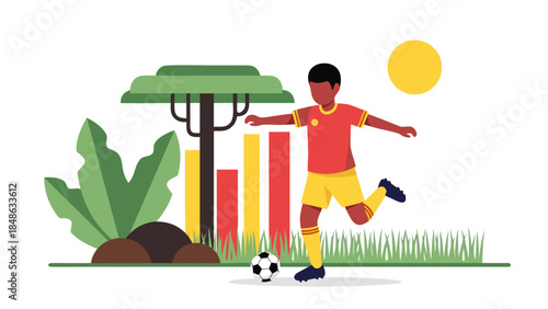 A young boy in a red and yellow soccer uniform kicks a ball on a grassy field with stylized trees and a bar graph in the background.