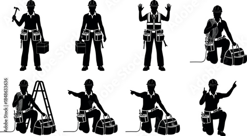 Professional electrician worker silhouettes set showing tools safety gear repair actions industrial maintenance concepts isolated on white background