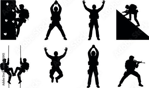 Special forces soldier silhouette set showing tactical combat poses climbing rappelling aiming weapons military operations isolated white background