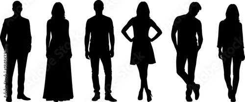 Standing human silhouettes – diverse outfits, postures, male and female poses by flavector