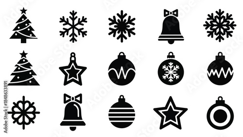 Black winter holiday icons featuring christmas trees stars and bells silhouette