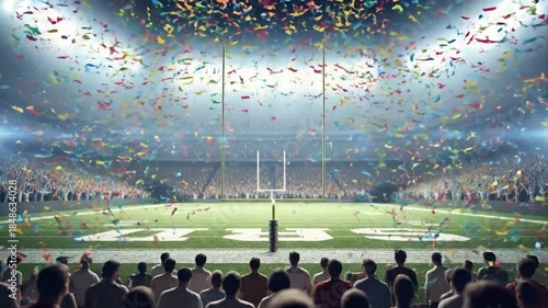 American football stadium spectacle with cheering crowd and confetti