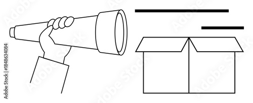 Exploration, discovery, curiosity, perspective, innovation, opportunity. A hand holding a spyglass aimed at an open box. Exploration and discovery concepts are visually