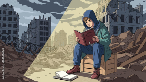 A young person in a hoodie reads a book amidst the ruins of a war-torn city, illuminated by a spotlight.