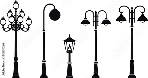 Street lamp silhouettes in varied styles, vintage to modern, ideal for urban design concepts – flavector