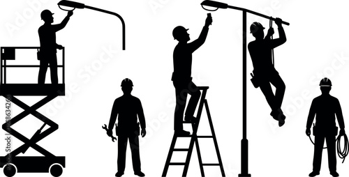 Streetlight maintenance silhouettes – flavector series on elevated utility work and safety equipment