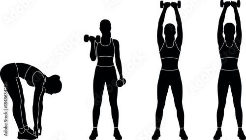 Stretching, bicep curl, overhead press, dumbbell workout, fitness silhouette, exercise sequence, gym training - flavector