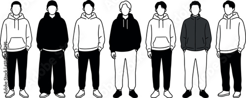 Stylized hoodie outfit vector – casual fashion silhouettes in grayscale by flavector