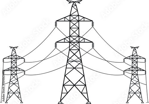 Three high-voltage transmission towers with power lines and insulators for electricity grid infrastructure - flavector