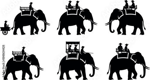 Traditional elephant rider silhouette set showing Asian tourism culture mahout travel transportation heritage animals isolated white background