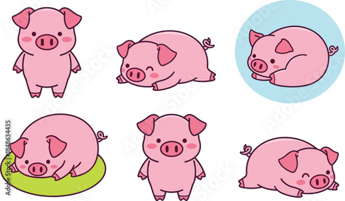 Cartoon pig characters in cute poses and expressions, playful farm animal design for kids, flat vector illustration