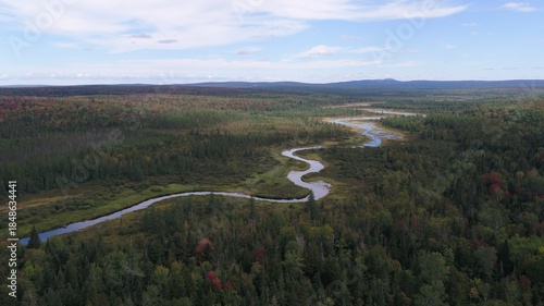 Aerial View of a Winding River Through a Forest in Fall in Quebec, Canada