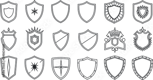 Heraldic shield and emblem outline vector set featuring medieval protection symbols and badge designs isolated on white background for branding and security graphics