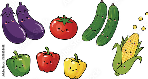 Cartoon fruit and vegetable characters with smiling faces, playful healthy food design for kids, flat vector illustration
