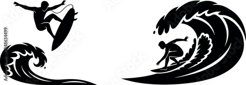 Surfing silhouette vector illustration featuring surfer riding ocean wave, extreme water sport action concept, isolated black design on white background