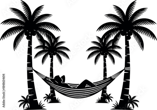 Tropical palm tree hammock silhouette illustration, relaxed person resting on beach vacation scene isolated on white background vector