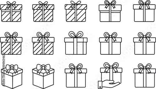 Gift box and present icon vector set with ribbon bows in outline style isolated on white background for holidays, birthdays, and celebrations