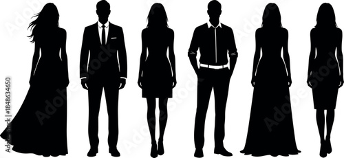 flavector, black silhouette people, fashion diversity, formal attire, men women, standing pose, white background