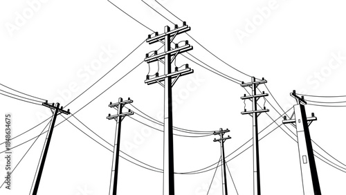 Urban utility poles with overhead power lines forming complex electrical infrastructure network in black and white - flavector