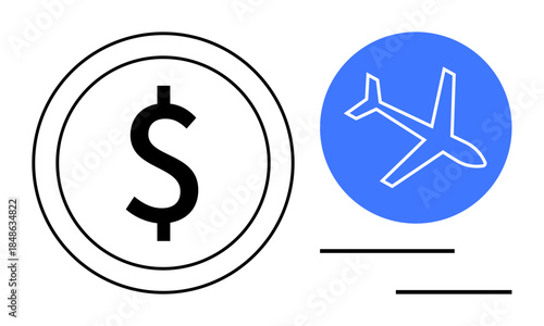 Dollar sign inside a circle alongside a blue plane icon. Ideal for budget planning, travel cost, transportation, aviation finance, tourism industry, global commerce, investment. Simple flat metaphor