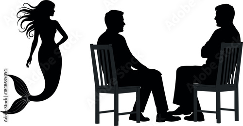 Mermaid and talking men silhouette vector illustration showing fantasy creature observing two seated men in conversation isolated on white background for surreal and conceptual design