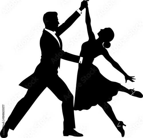 Ballroom dance silhouette vector illustration showing elegant couple performing classic waltz or tango pose isolated on white background for dance, romance, and event design