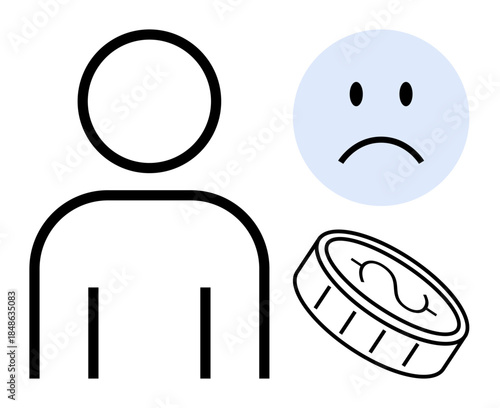 Financial loss concept. Financial loss ed by a person, sad face, and coin economic struggles. Financial loss s debt, poverty, and challenges. For finance, economics education social causes